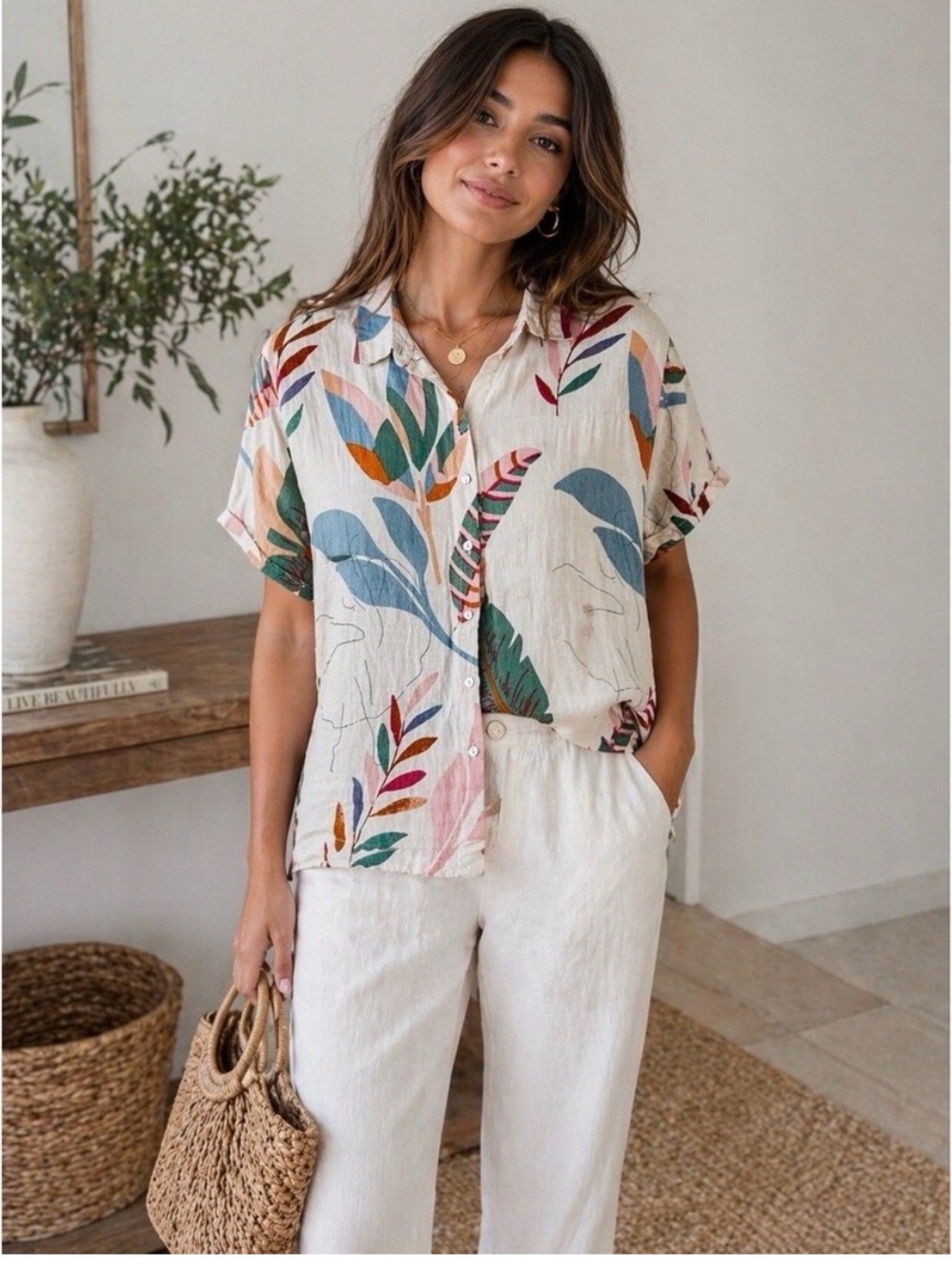 Cynthia Rowley Cream Linen Button-Front Short Sleeve Top Multicolor Leaf S